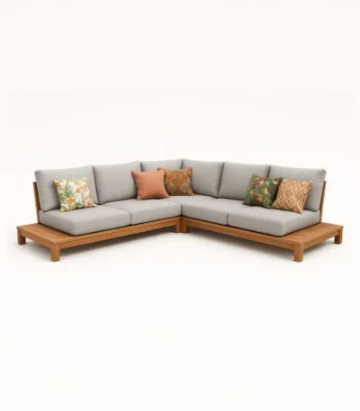 Salon jardin TAKAO en bois massif et tissu gris clair outdoor