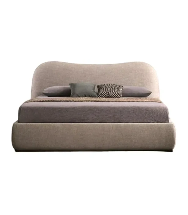 Lit design contemporain COCCON en tissu beige avec tête arrondie
