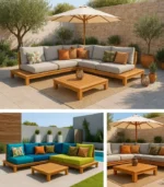 Salon jardin TAKAO en bois massif et tissu gris clair outdoor