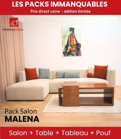 Pack salon MALENA avec canapé moderne beige, table basse en bois, pouf et tableau décoratif
