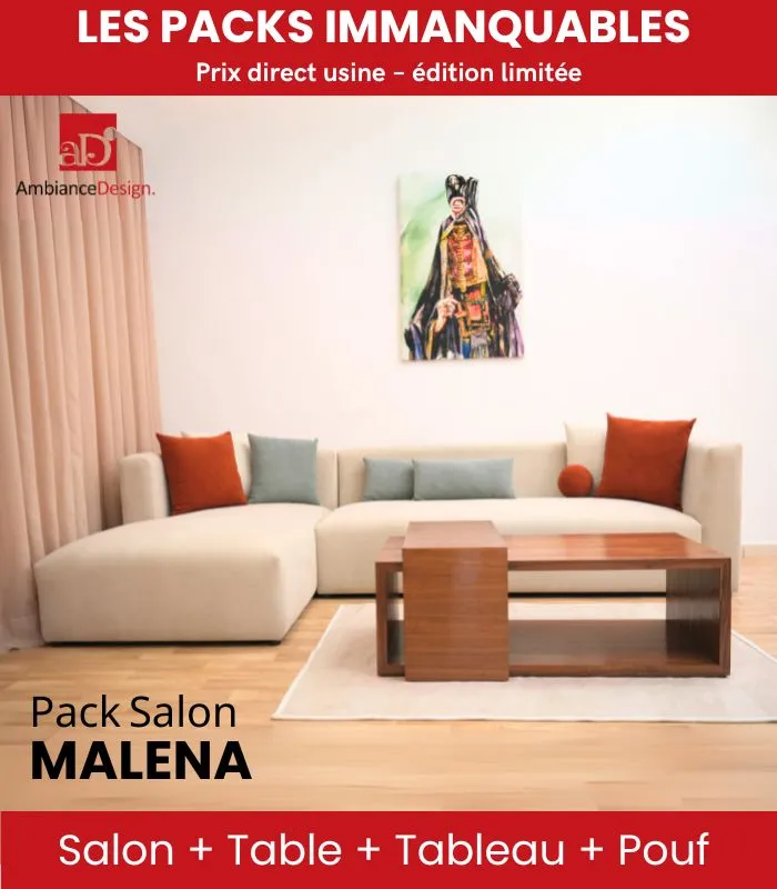 Pack salon MALENA avec canapé moderne beige, table basse en bois, pouf et tableau décoratif