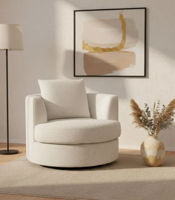 Fauteuil CALMA en tissu bouclette blanc cassé, design moderne et confort cocooning – Ambiance Design