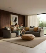 Canapé angle NOVUS en tissu taupe avec coussins décoratifs – design moderne Ambiance Design