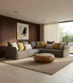 Canapé d'angle NOVUS en tissu taupe avec coussins décoratifs – design moderne Ambiance Design