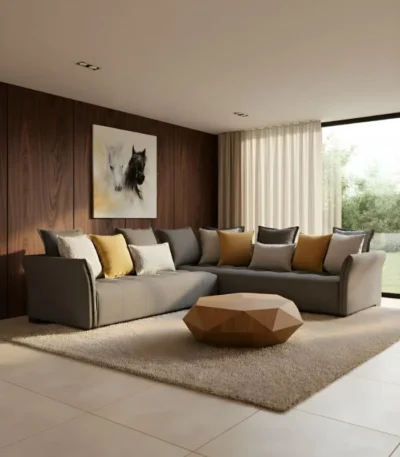 Canapé d'angle NOVUS en tissu taupe avec coussins décoratifs – design moderne Ambiance Design